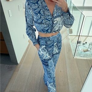 Zara Blue Paisley Wide-Leg High-Rise Pants